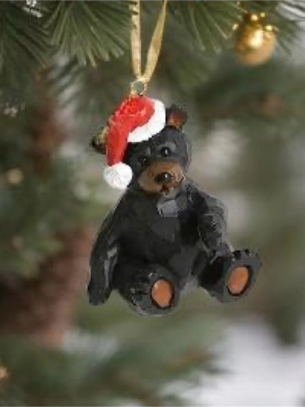 Festive Black Bear Christmas Tree Ornament Carved With Santa Hat Holiday 3” Tall